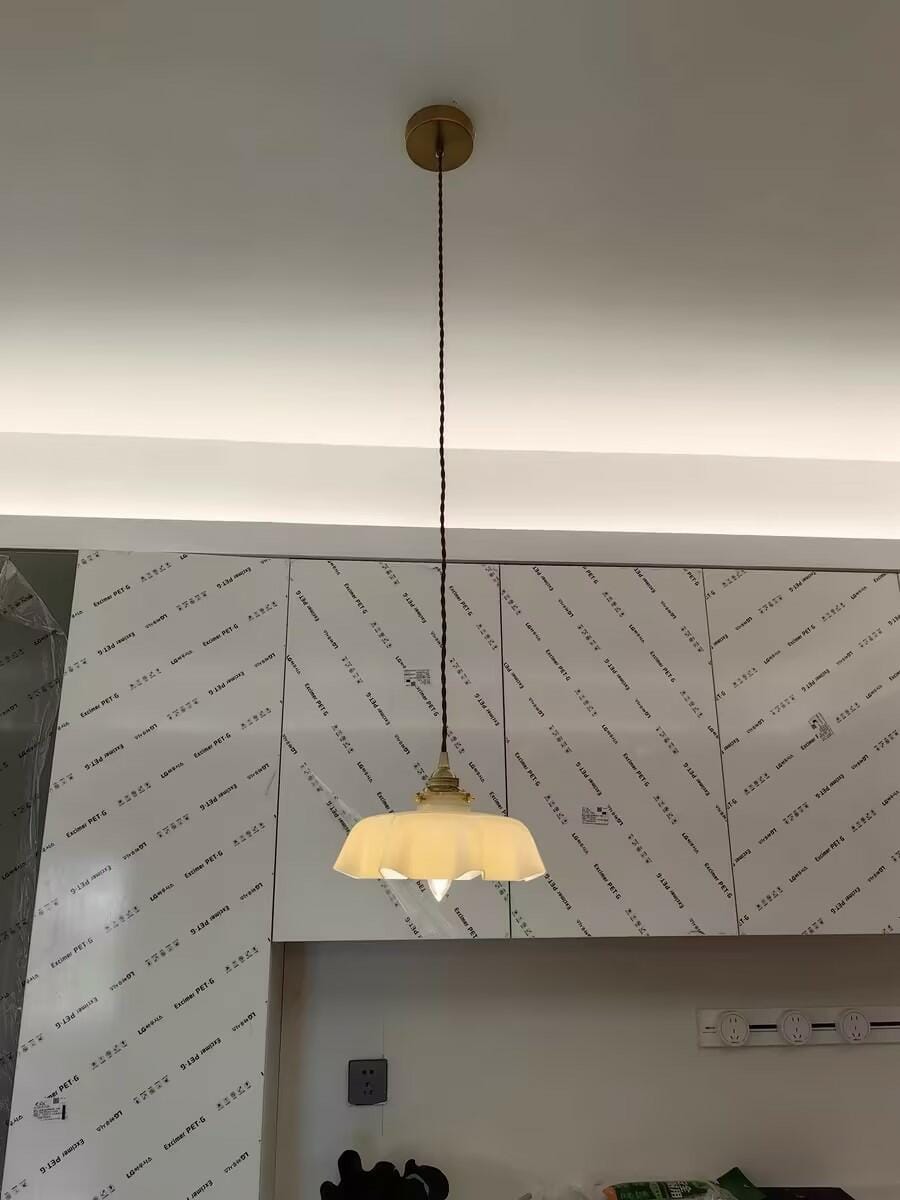 Customer photo review of French Flower Pendant Light, Pleated Glass Shade, Brass, E27