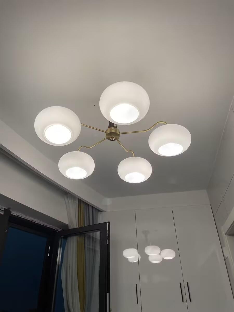 Customer photo review of Chandelier, Persimmon Brass & Wood, White Glass Shades, E26/E27