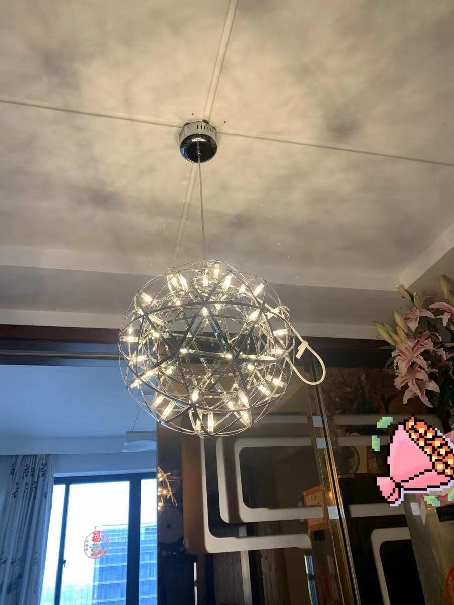 Customer photo review of Spark Ball Pendant Light, Stainless Steel Sphere, Warm White LED
