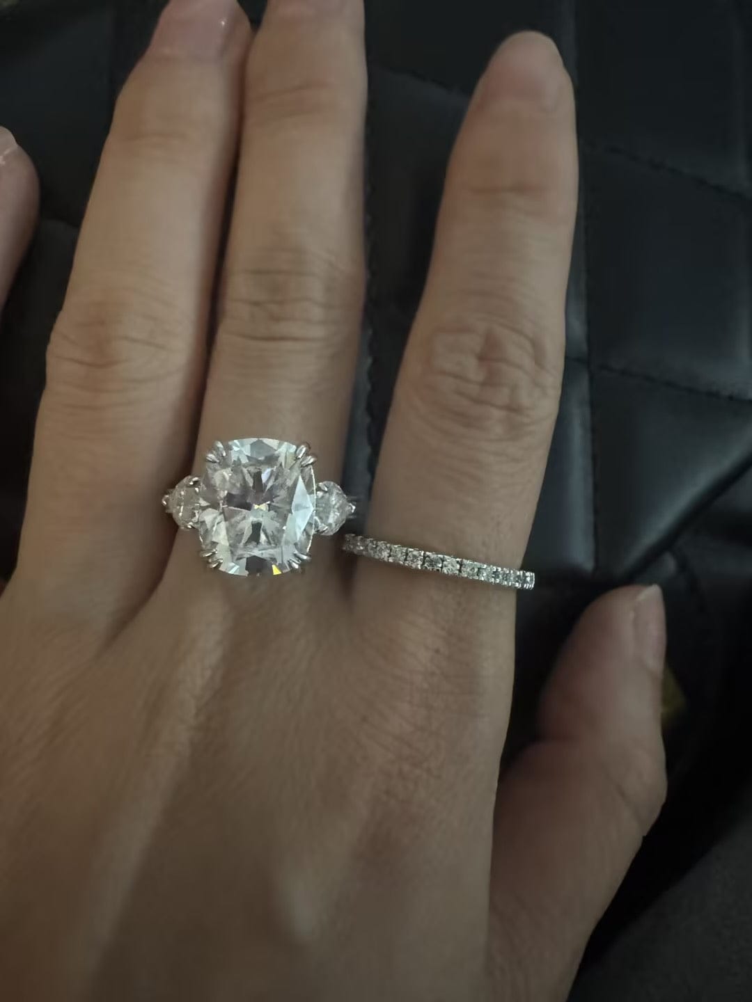 Customer photo review of Moissanite 6.0Ct Cushion Cut Three Stone Engagement Ring In Sterling Silver