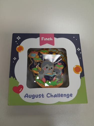 Customer's Birb's Eye View Pin inside decorative August Challenge cardboard packaging with window view.