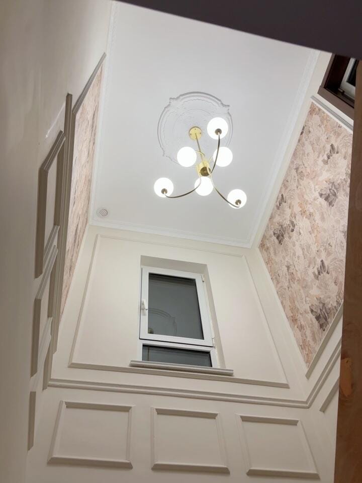 Customer photo review of Gooseneck Chandelier, Wrought Iron, White Glass Globes, E14