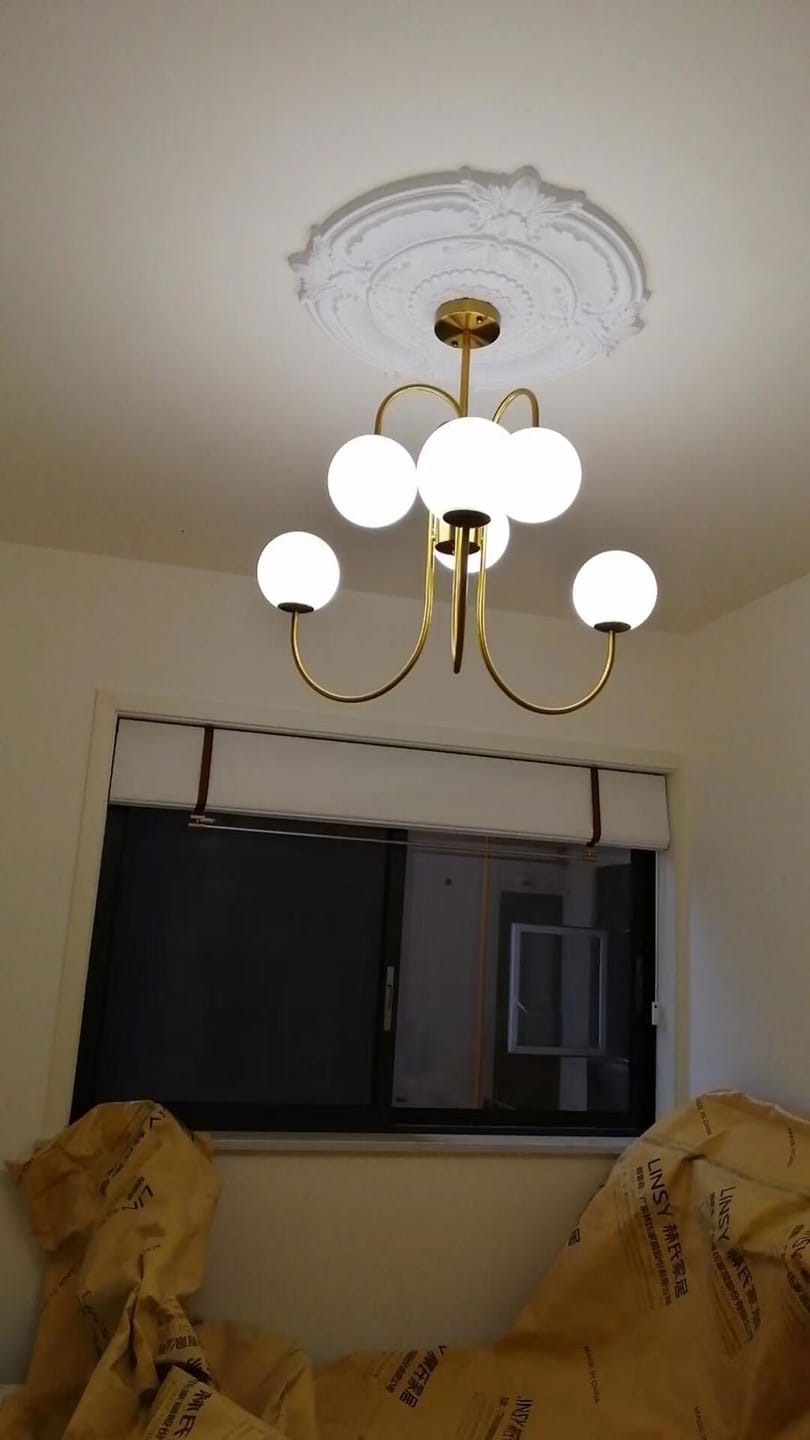 Customer photo review of Gooseneck Chandelier, Wrought Iron, White Glass Globes, E14