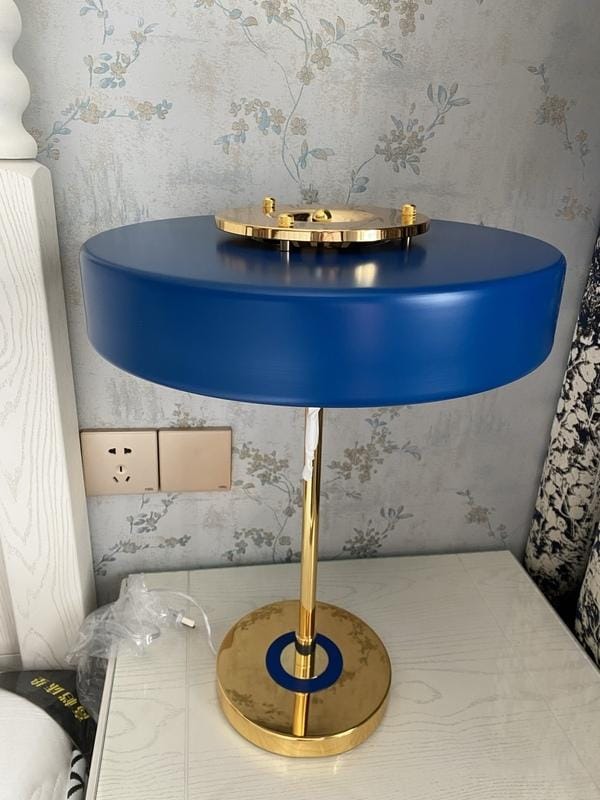 Customer photo review of Revolve Table Lamp, Spun Metal Shade, Opal Diffuser, Iron Base, G9