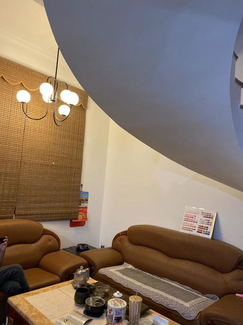 Customer photo review of Gooseneck Chandelier, Wrought Iron, White Glass Globes, E14