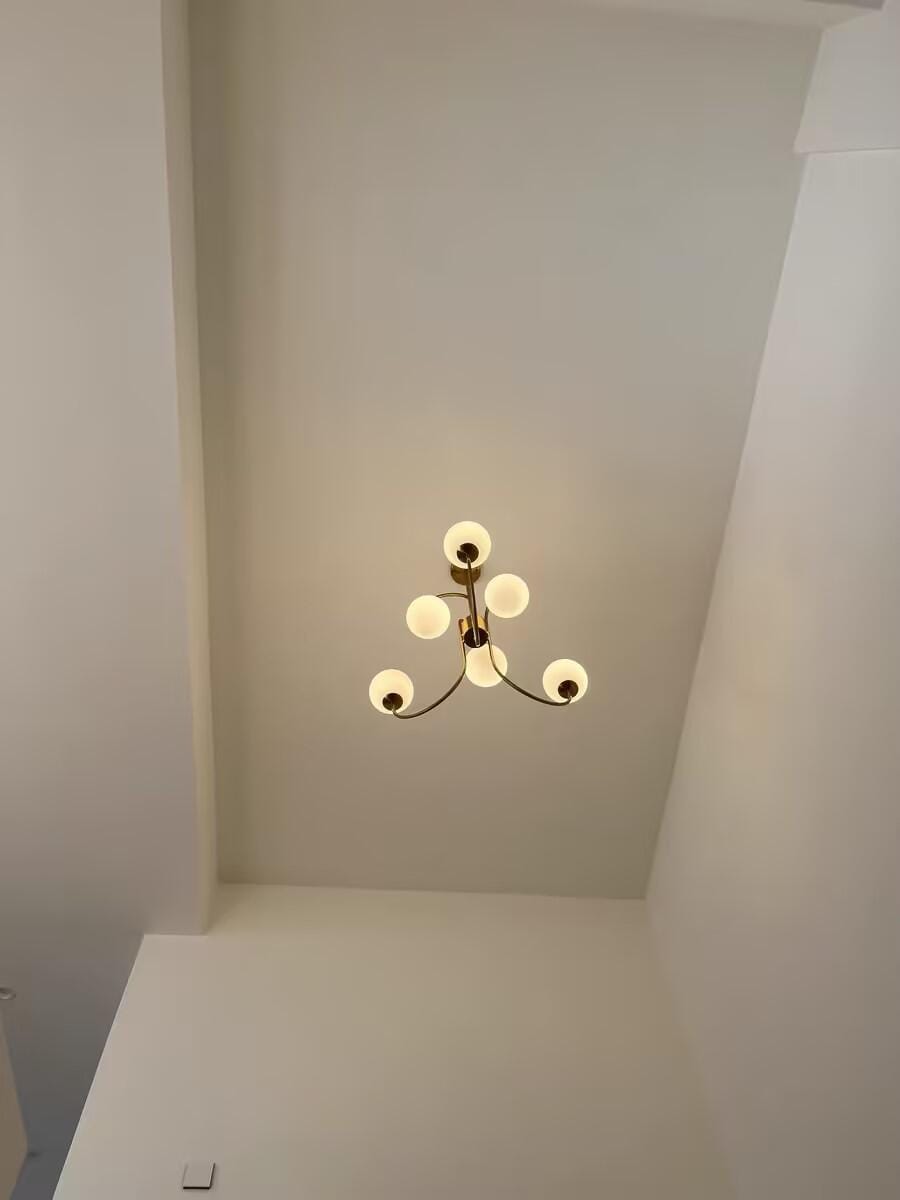 Customer photo review of Gooseneck Chandelier, Wrought Iron, White Glass Globes, E14