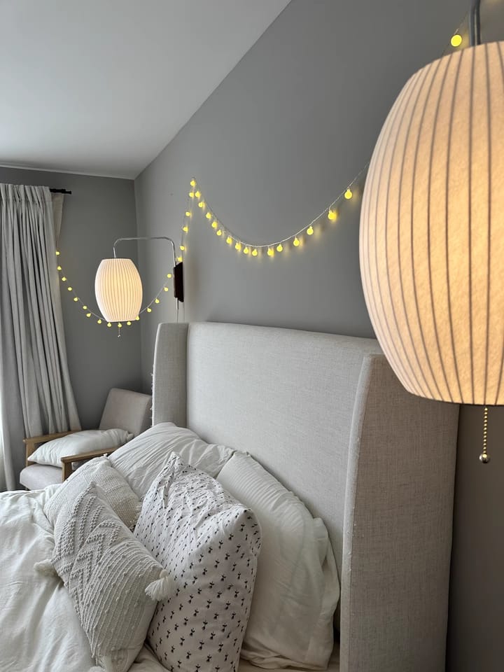 Customer photo review of Wall Sconce, White Polymer Shade, Walnut & Chrome, Swivel Plug-In E26