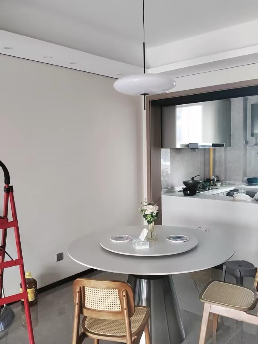 Customer photo review of Opal Disc Pendant Light, Opalescent Shade, Black or White, E26/E27