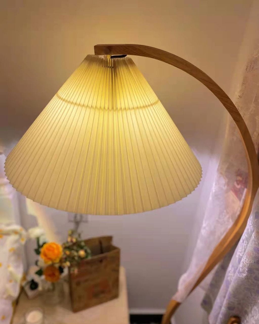 Customer photo review of Floor Lamp, Caprani Beechwood & Linen Shade, E26/E27, Plug-In