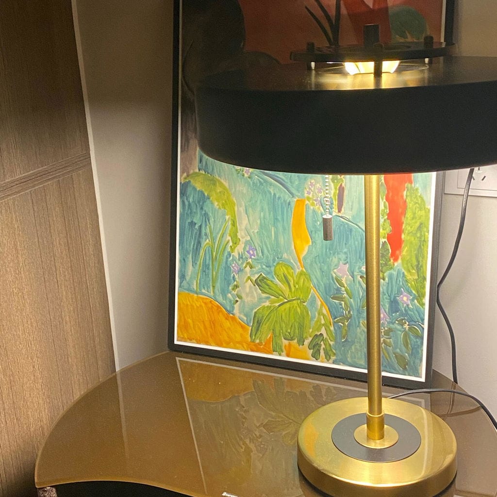 Customer photo review of Revolve Table Lamp, Spun Metal Shade, Opal Diffuser, Iron Base, G9