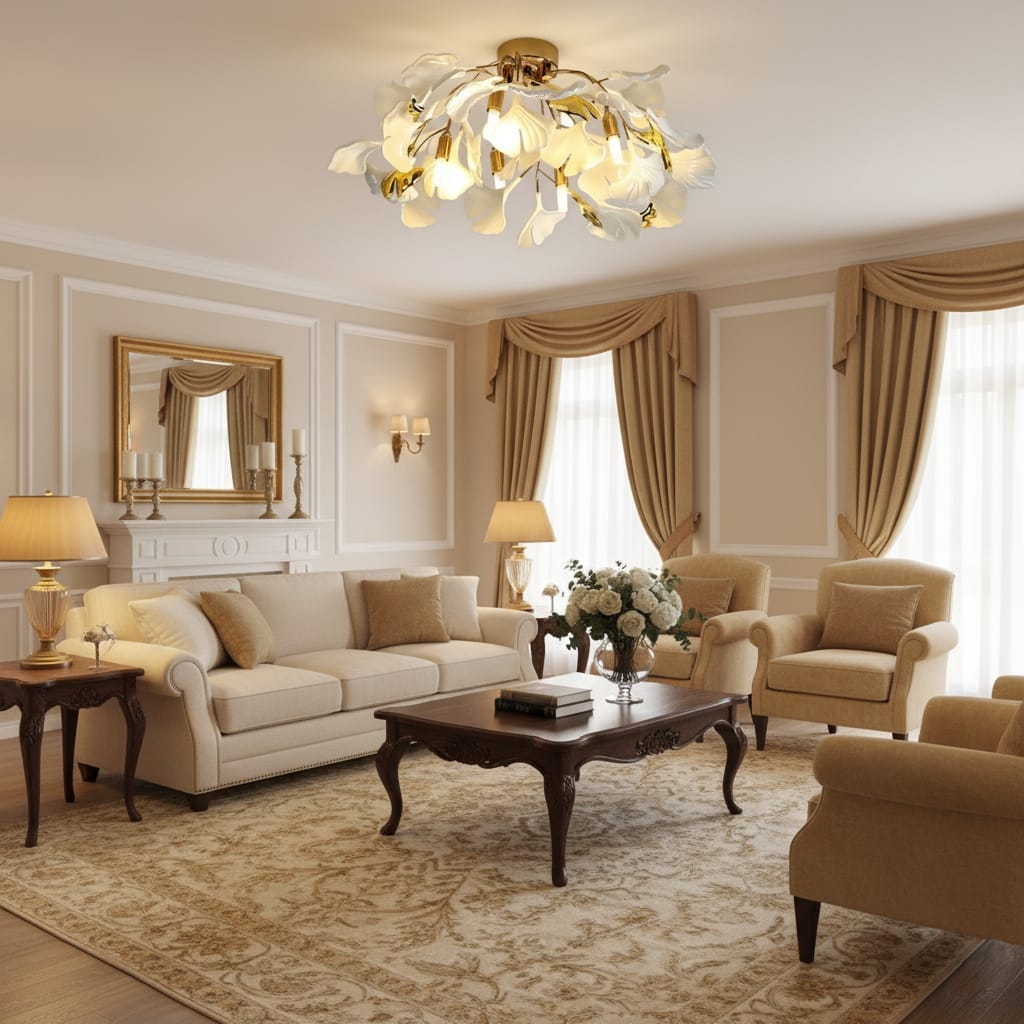 Customer photo review of Ceiling Light, White Ceramic Ginkgo Leaf Shades, G9, Gold Finish