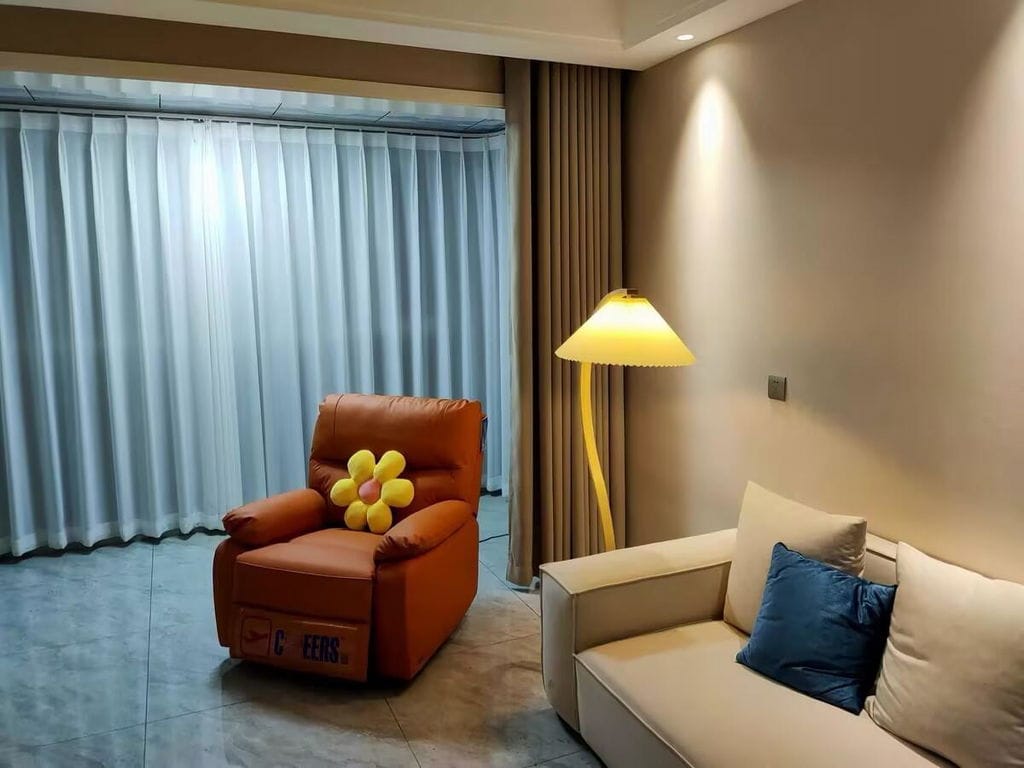Customer photo review of Floor Lamp, Caprani Beechwood & Linen Shade, E26/E27, Plug-In