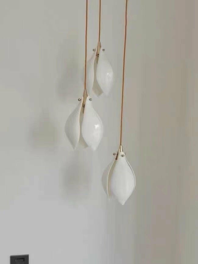 Customer photo review of Pendant Light, Ceramic Flower Shades, Brass & White, G9 LED
