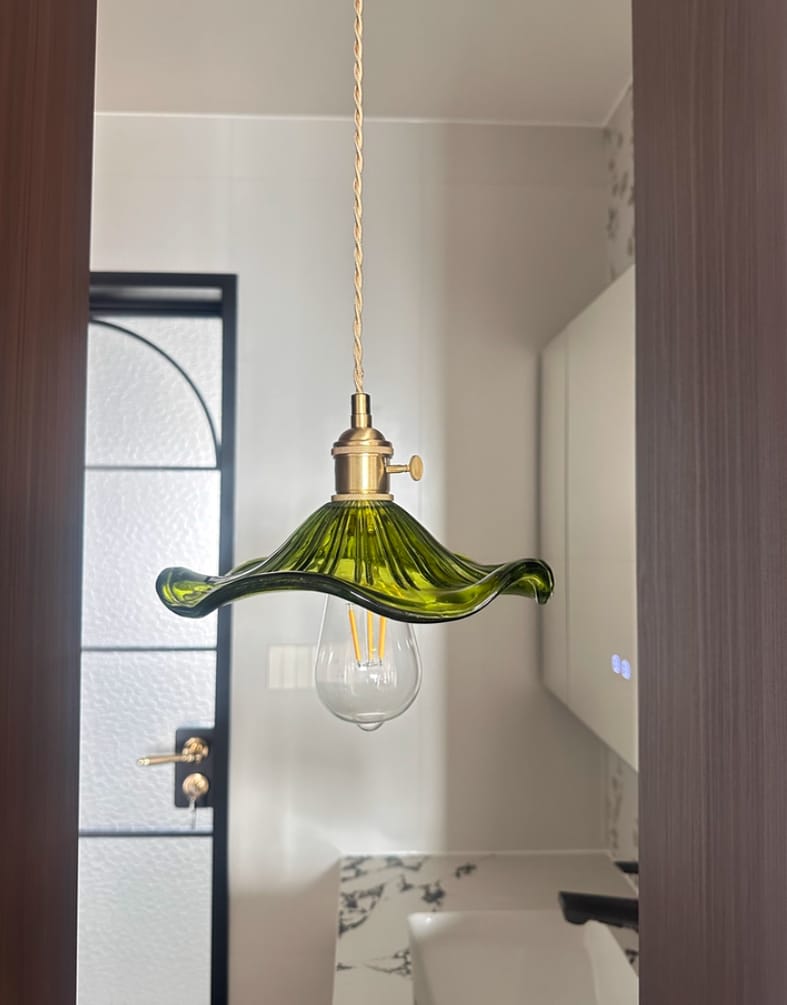 Customer photo review of Pendant Light, Fluted Hibiscus Glass Shade, Brushed Brass, E26/E27