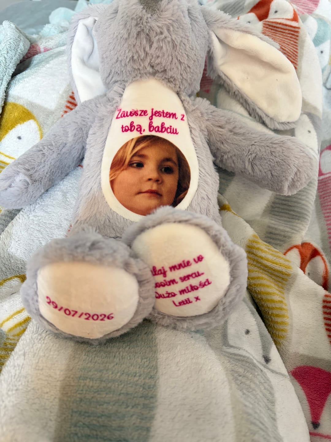 Customer photo review of Design a Personalised Grey Bunny Teddy – Add Your Photo, Name or Message