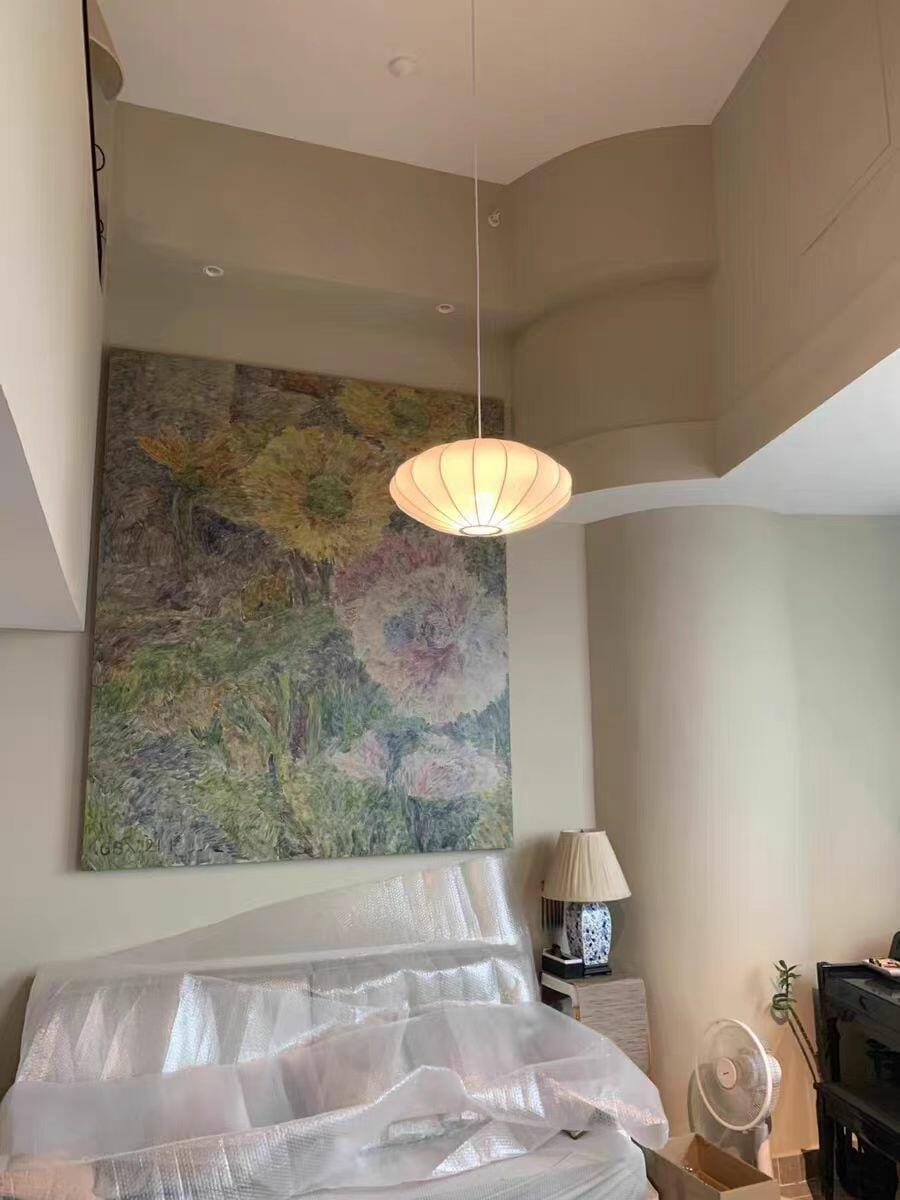 Customer photo review of Pendant Light, Crisscross Bubble, Mulberry Silk, Steel Wireframe, E26