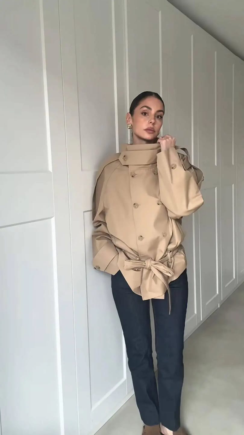 Customer photo review of Anna High Neck Cropped Utility Trench Coat