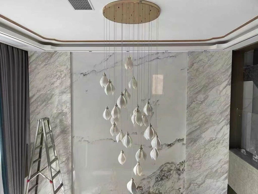 Customer photo review of Pendant Light, Ceramic Flower Shades, Brass & White, G9 LED