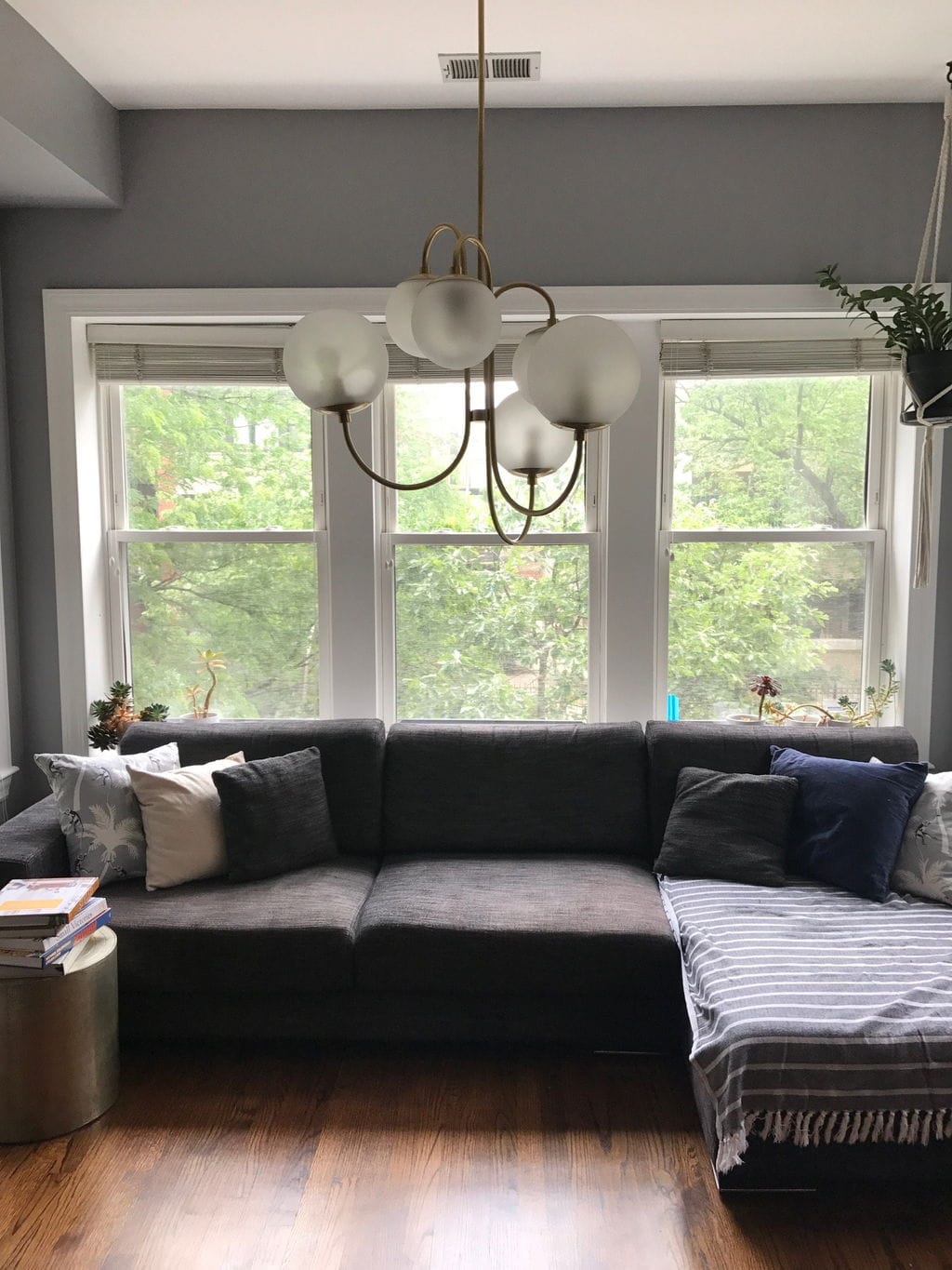Customer photo review of Gooseneck Chandelier, Wrought Iron, White Glass Globes, E14