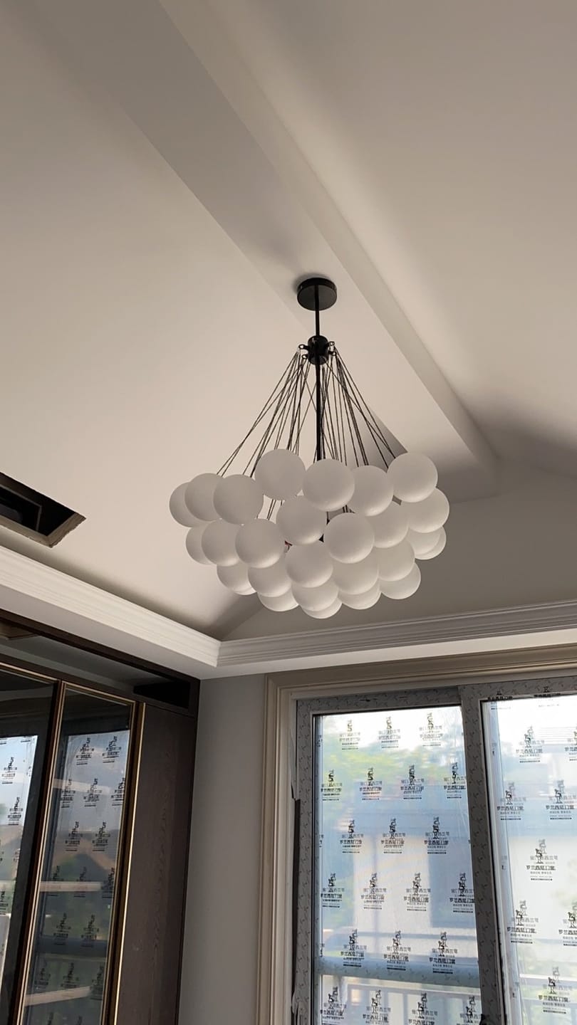 Customer photo review of Bubble Chandelier, Hand-Frosted Glass Globes, Gold or Black, E27