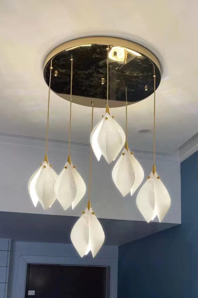 Customer photo review of Pendant Light, Ceramic Flower Shades, Brass & White, G9 LED
