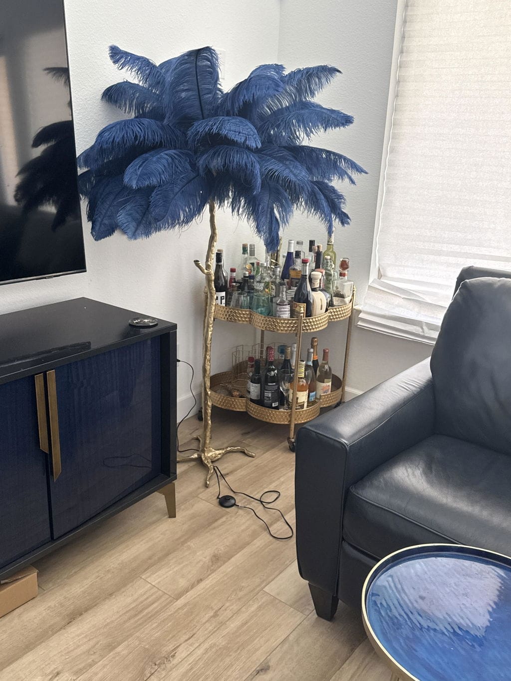 Customer photo review of Floor Lamp, Ostrich Feather Shade, Brass Base, 6x G9, Plug-In