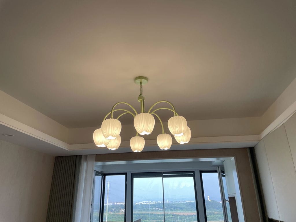 Customer photo review of Tulip Chandelier, White Glass Tulip Shades, Matcha Green Frame, E26