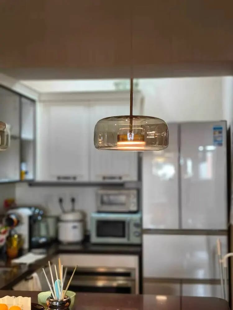 Customer photo review of Pendant Light, Hand-Blown Glass Shade, Integrated LED, Iron Canopy, 12-Inch
