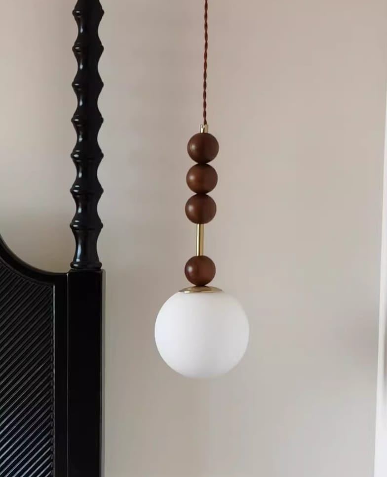 Customer photo review of Pendant Light, Maru Ash Wood Beads, Copper or Walnut, G9 Glass Shade