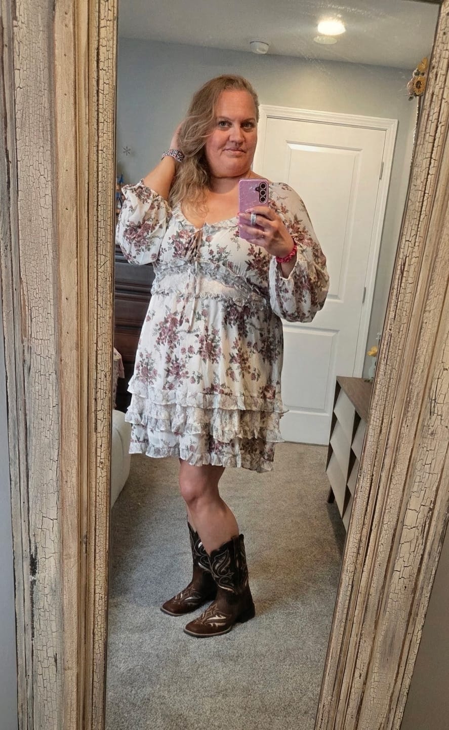 Customer photo review of Blush Floral Print Ruffled Mini Dress With Lace Accents
