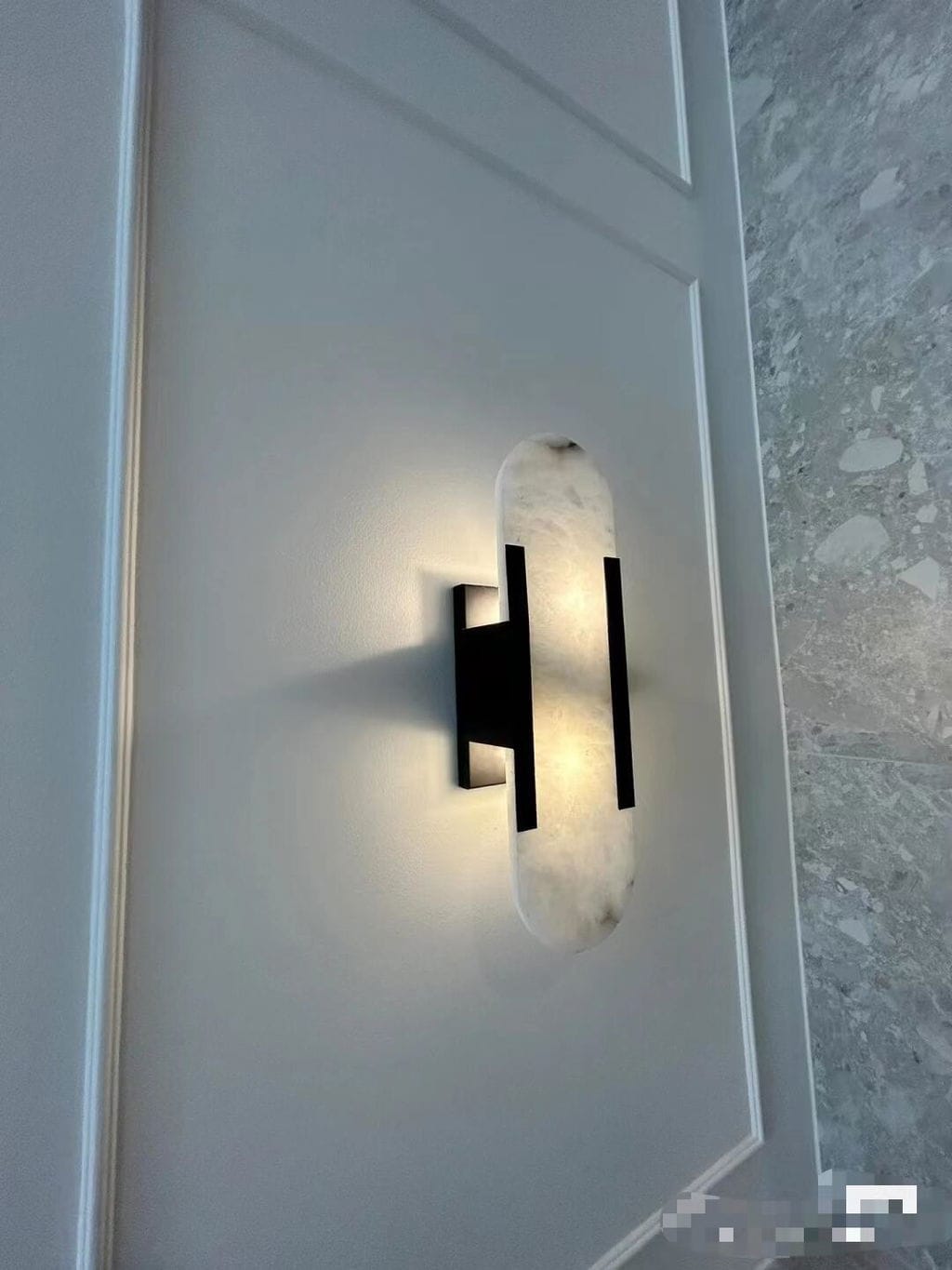 Customer photo review of Wall Sconce, Melange Alabaster Stone & Brass, G4, Hardwired