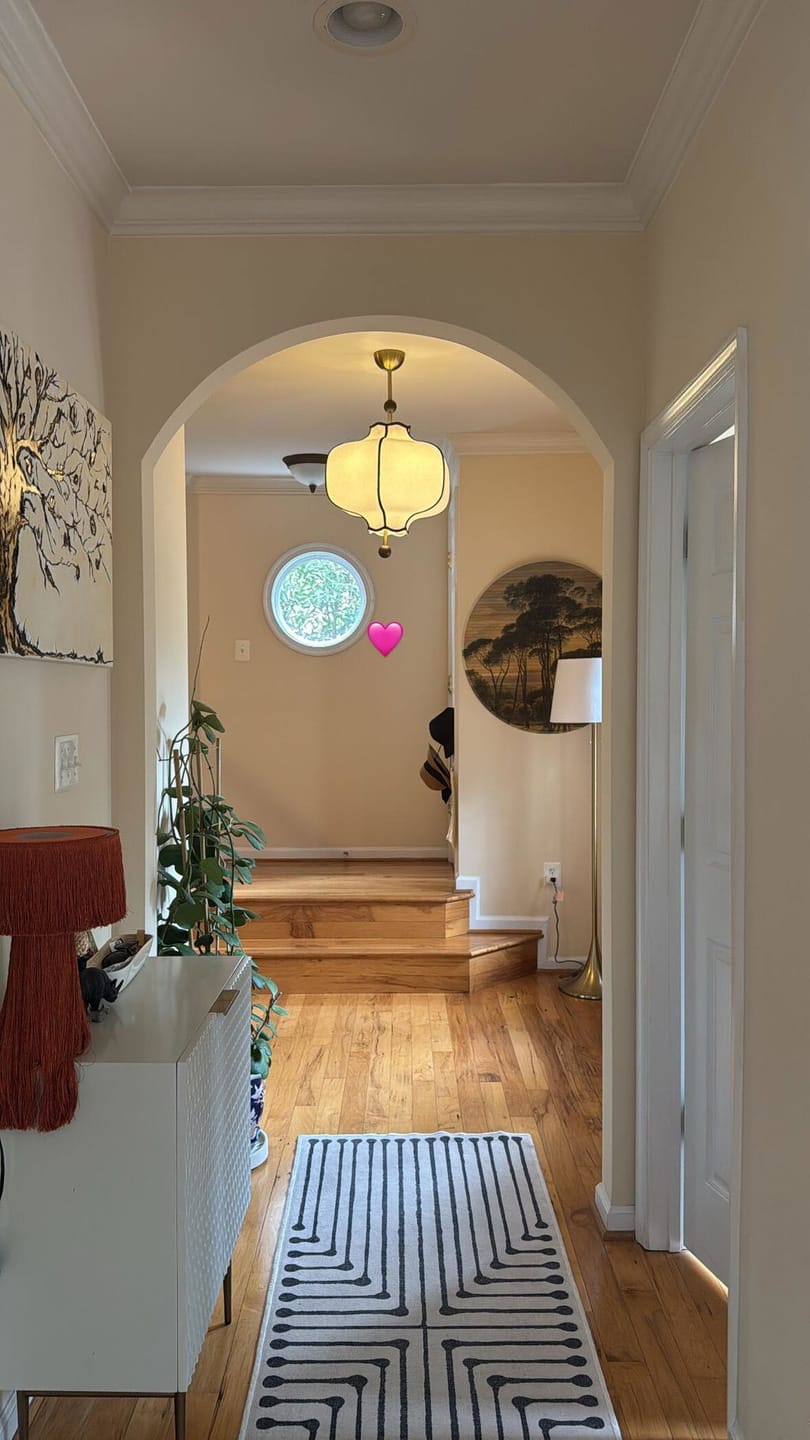 Customer photo review of Pendant Light, White Fabric Lantern Shade, Gold or Walnut Frame, E27