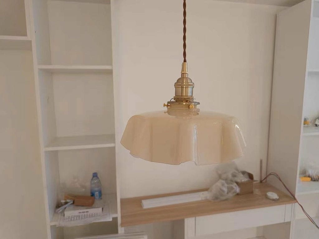Customer photo review of French Flower Pendant Light, Pleated Glass Shade, Brass, E27