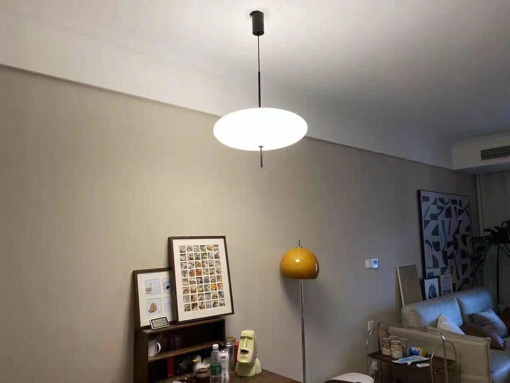 Customer photo review of Opal Disc Pendant Light, Opalescent Shade, Black or White, E26/E27