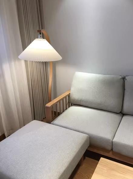 Customer photo review of Floor Lamp, Caprani Beechwood & Linen Shade, E26/E27, Plug-In