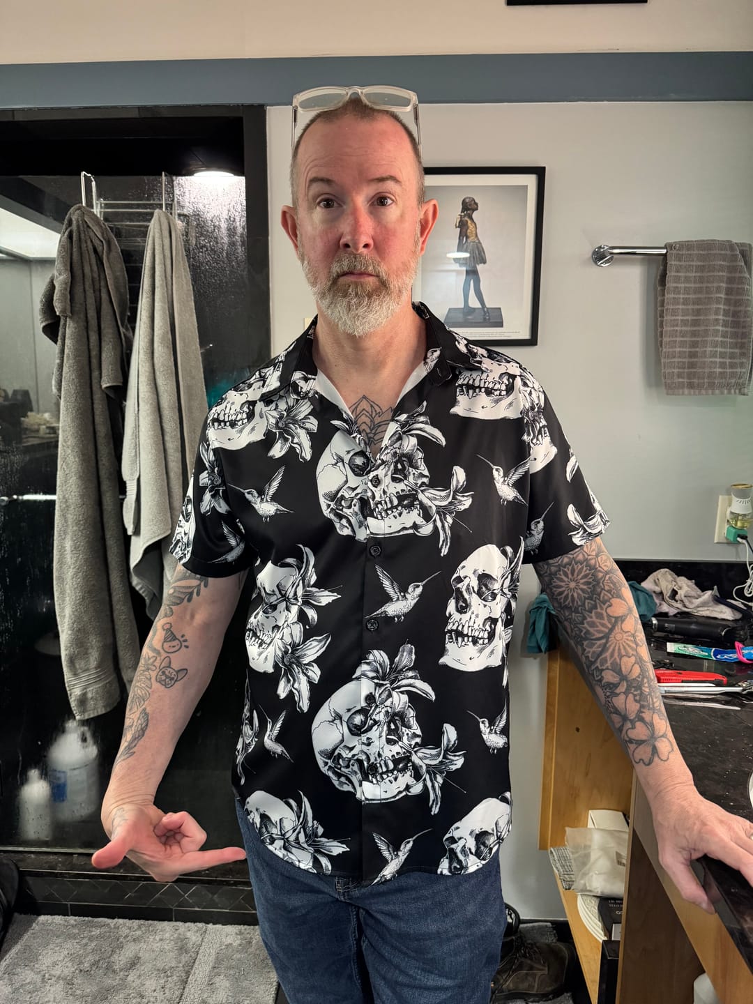 Customer photo review of Men's Skull Hummingbird Punk Rocker Cool Rock Button Up Short Sleeve Black Hawaiian Shirt