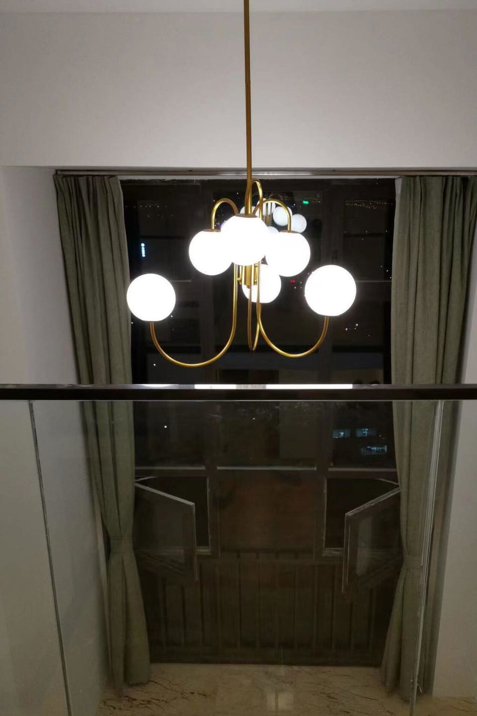 Customer photo review of Gooseneck Chandelier, Wrought Iron, White Glass Globes, E14