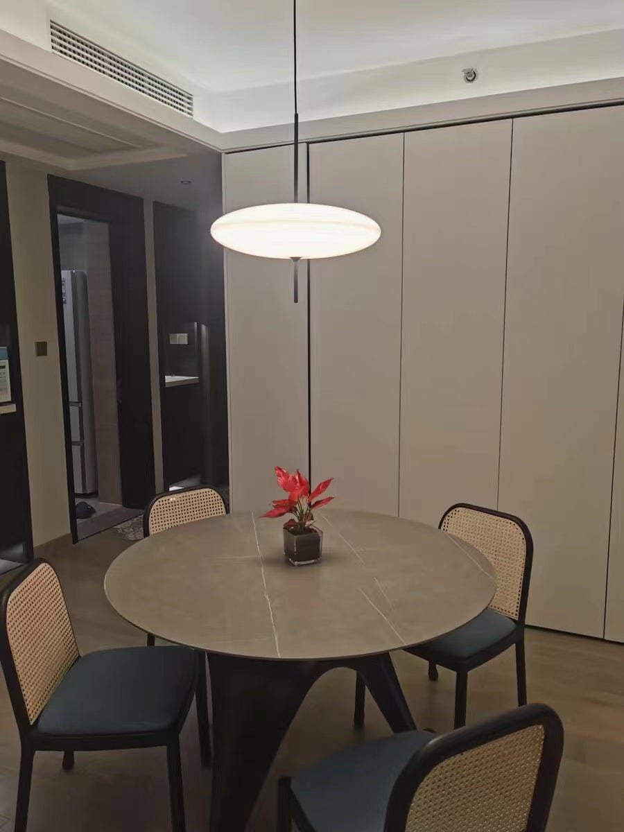 Customer photo review of Opal Disc Pendant Light, Opalescent Shade, Black or White, E26/E27