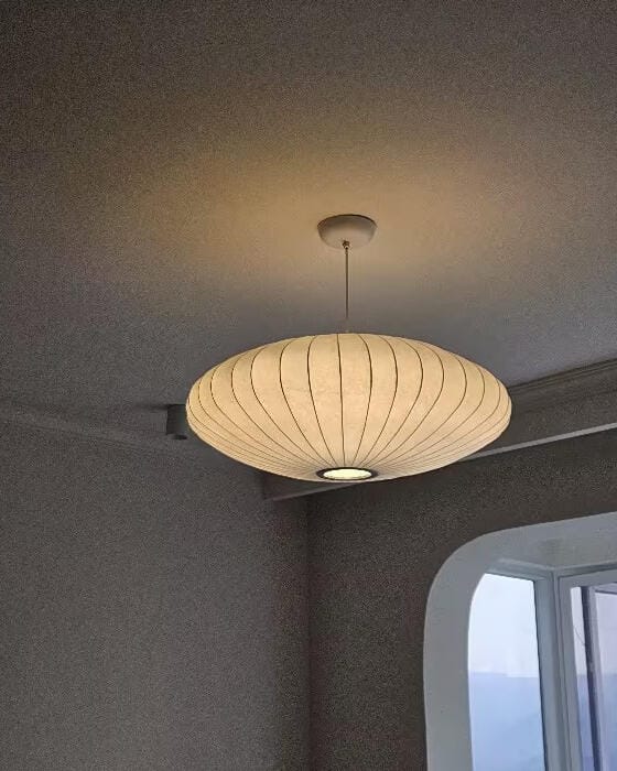 Customer photo review of Pendant Light, Crisscross Bubble, Mulberry Silk, Steel Wireframe, E26