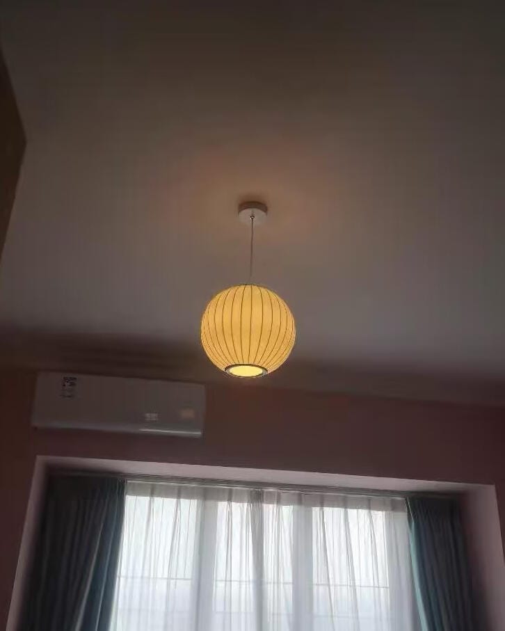 Customer photo review of Pendant Light, Crisscross Bubble, Mulberry Silk, Steel Wireframe, E26