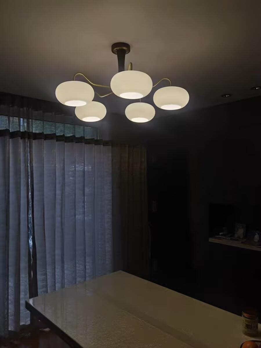 Customer photo review of Chandelier, Persimmon Brass & Wood, White Glass Shades, E26/E27