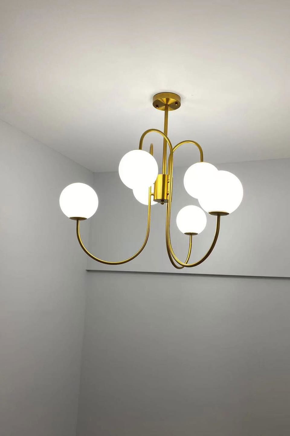 Customer photo review of Gooseneck Chandelier, Wrought Iron, White Glass Globes, E14