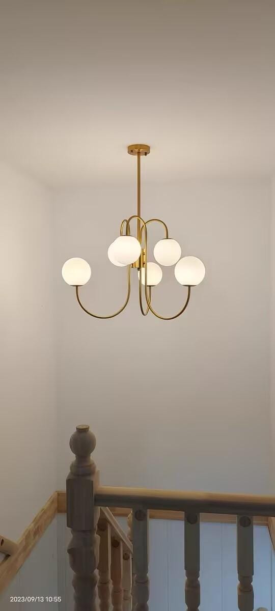 Customer photo review of Gooseneck Chandelier, Wrought Iron, White Glass Globes, E14