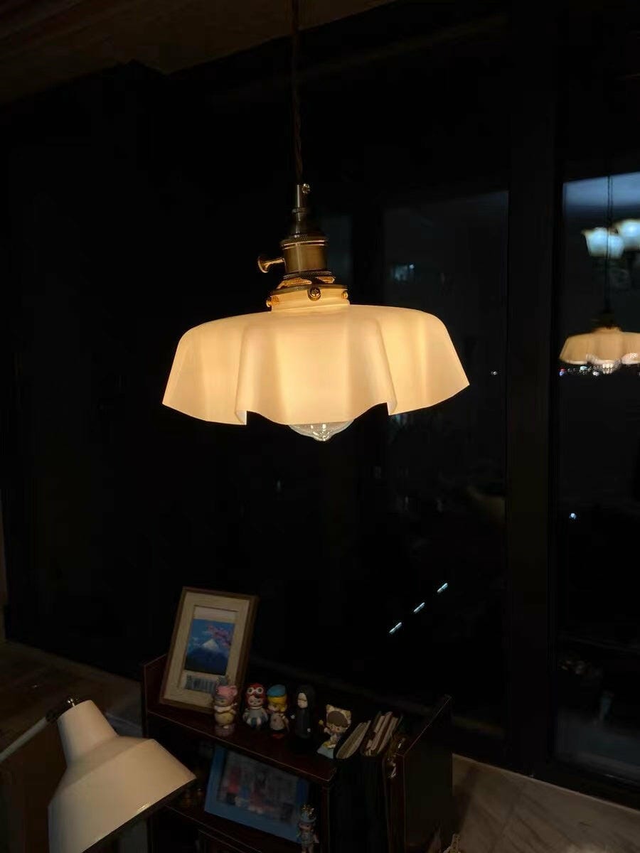 Customer photo review of French Flower Pendant Light, Pleated Glass Shade, Brass, E27