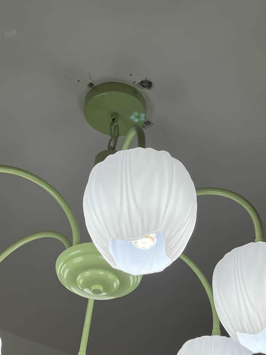 Customer photo review of Tulip Chandelier, White Glass Tulip Shades, Matcha Green Frame, E26