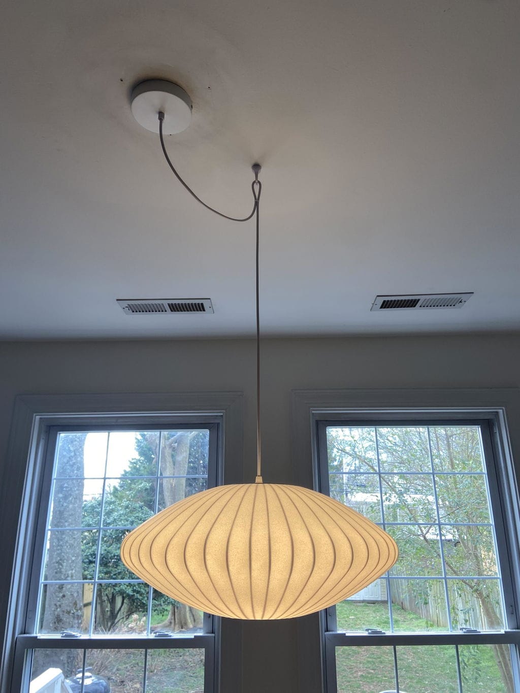 Customer photo review of Pendant Light, Crisscross Bubble, Mulberry Silk, Steel Wireframe, E26