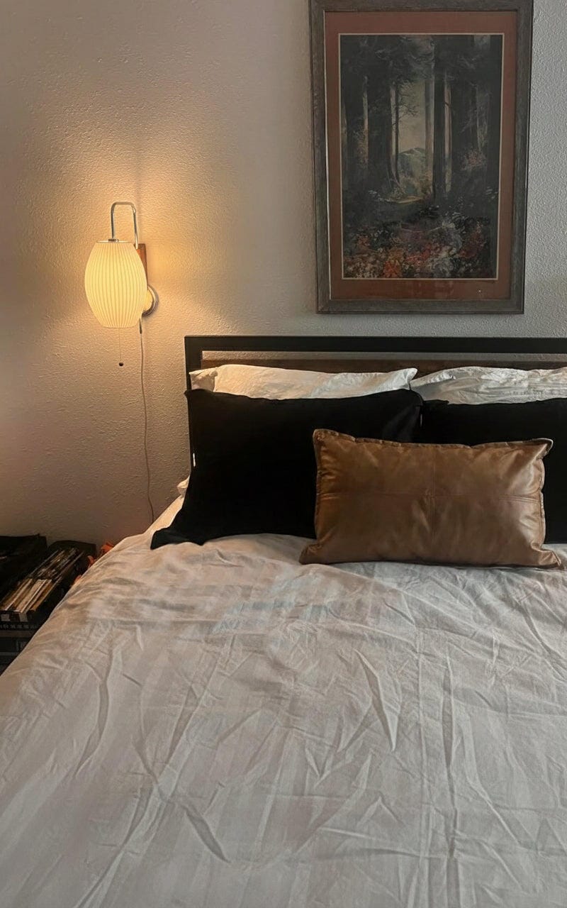 Customer photo review of Wall Sconce, White Polymer Shade, Walnut & Chrome, Swivel Plug-In E26