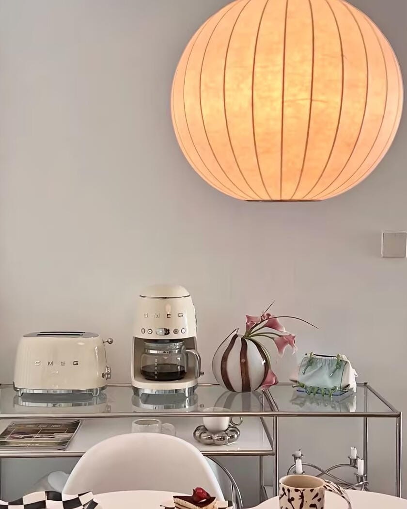 Customer photo review of Pendant Light, Crisscross Bubble, Mulberry Silk, Steel Wireframe, E26