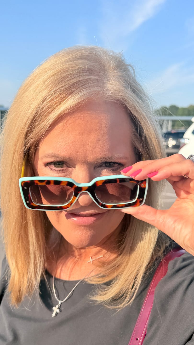Customer photo review of Deco Sunglasses Chartreuse + Sky Blue