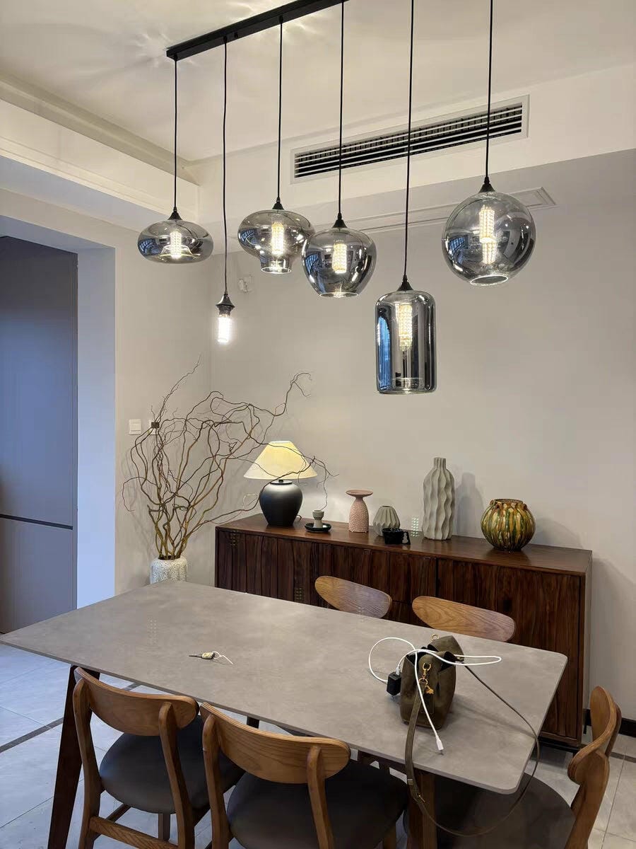 Customer photo review of Bottle Pendant Light, Hand-Blown Smoke Gray Glass, Black, E27